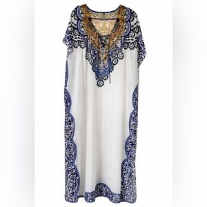 White Maxi Caftan with Blue & Gold Embroidered Print